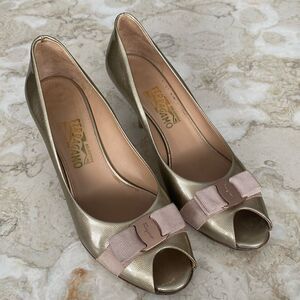 Salvatore Ferragamo Ribes Champagne Patent Leather Open Toe Pumps Heels